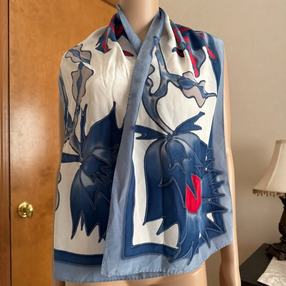 Artisan Hand Painted Blue Red White Silk Floral Neck Skinny Oblong Scarf